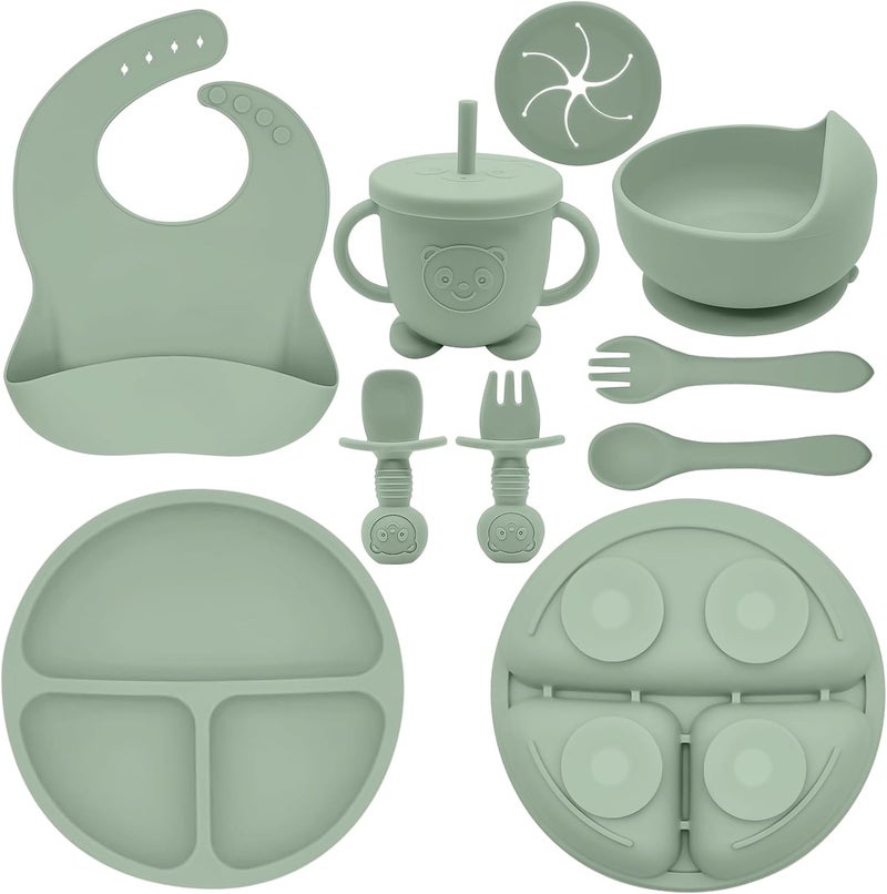 Munlinder Silicone Baby Feeding Set | Baby Led Weaning Supplies Includes Suction Bowls and Divided Plates, Adjustable Bib, Baby Utensils Spoons and Forks,Cup | Baby Feeding Essentials (Light Green) - Image 1
